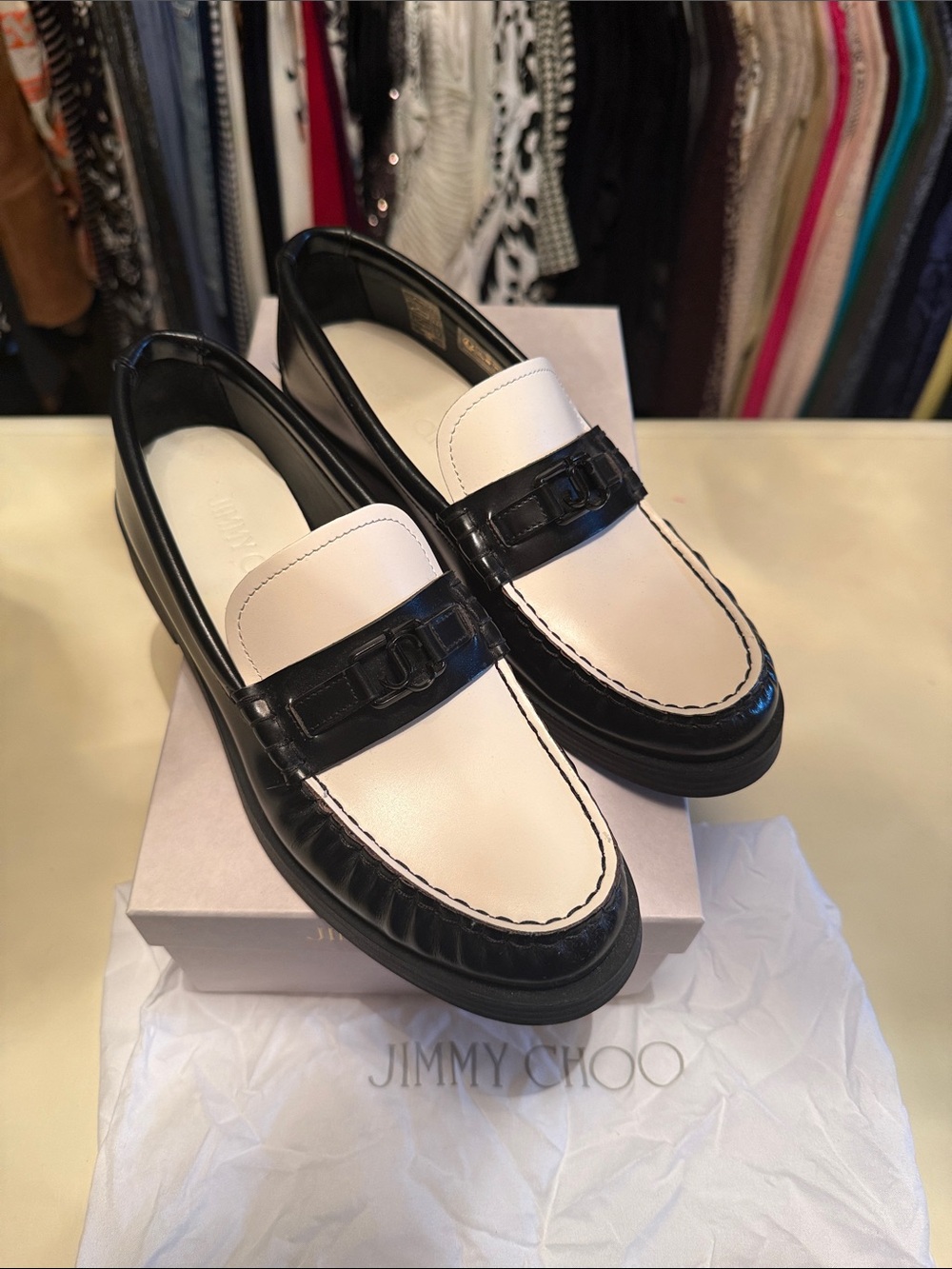 NIB!! Jimmy Choo Two-Tone Black and White Leather Loafers